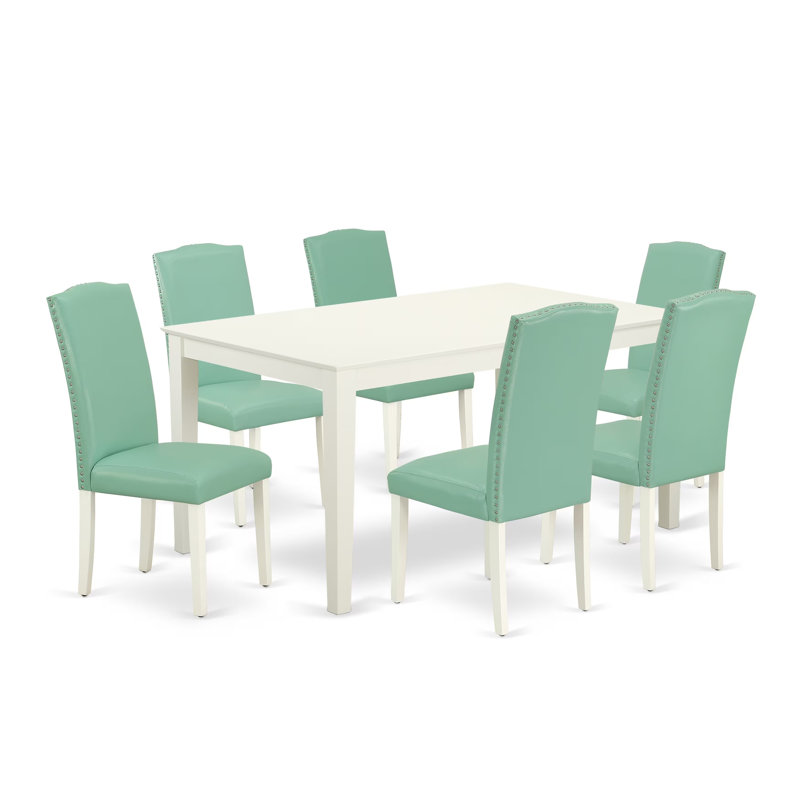 7 Piece Dining Table Set Consist of a Rectangle Dining Room Table and 6 Pond Faux Leather Upholstered Parson Chairs, Linen White