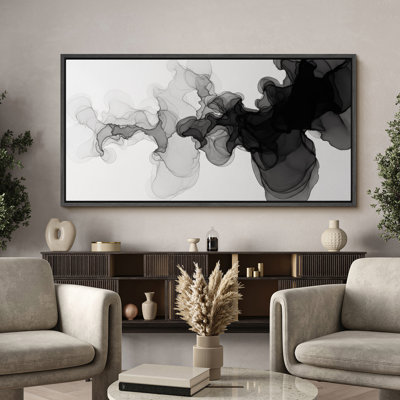 Abstract Black and Gray Ink Cloud Framed Canvas Wall Art - Contemporary Minimalist Artwork for Modern Living Spaces