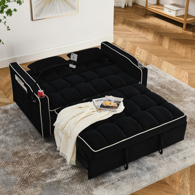 Lit pliable en velours avec dossier réglable et fonctionnalité - 3 coussins en velours noir, dossier, port, cendrier, support pour téléphone portable 2