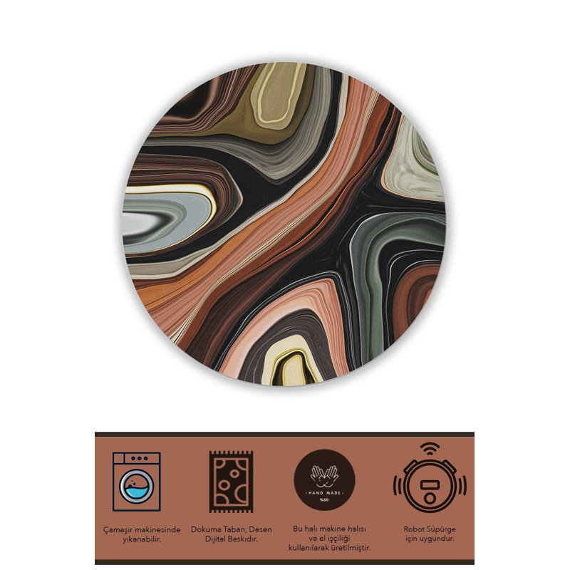 Tapis rond lavable à motif abstrait de couleur naturelle brun, Sous-tapis rond 3 pi 11 po inclus