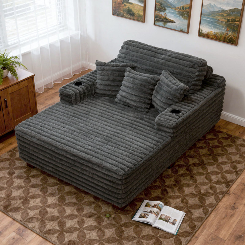 Canapé-lit rembourré en fausse fourrure gris foncé avec porte-gobelet et coussins décoratifs, Gris foncé