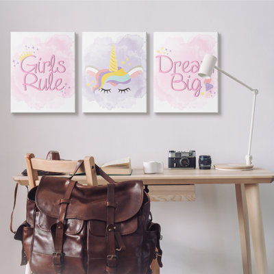 Filles, règle, rêve, grande étoile, couronne, licorne par Kim Allen - ensemble d'art textuel 3 pièces