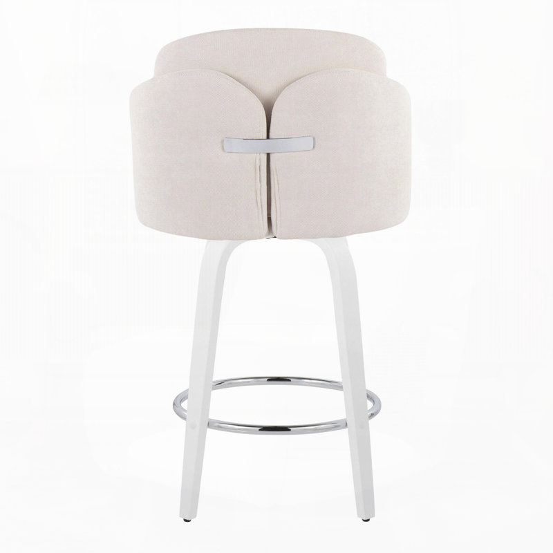 Tabouret de bar à hauteur fixe avec pivot en bois blanc et tissu crème avec repose-pieds rond en chrome, ensemble de 2