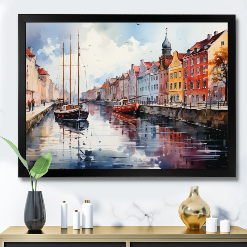 «Danemark Canal Promenade I», reproduction sur toile, H 16 po x l 32 po x P 1 po, Cadre photo noir