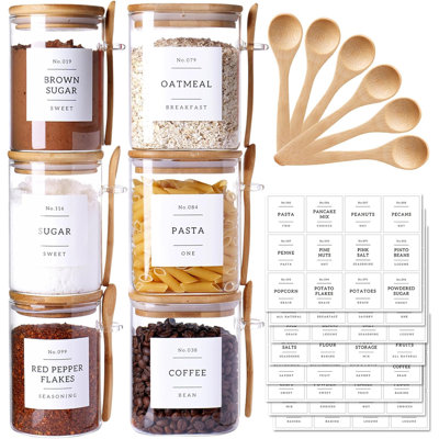 6 Pack Glass Jars with Bamboo Lid and Spoons - 17Oz/27Oz Borosilicate Glass Jars
