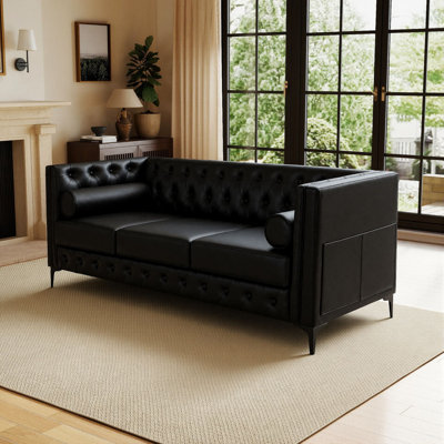 78" Mid Century Modern 3 Seater Sofa with Throw pillow Faux Leather Couch for Living Room Apartment, Office