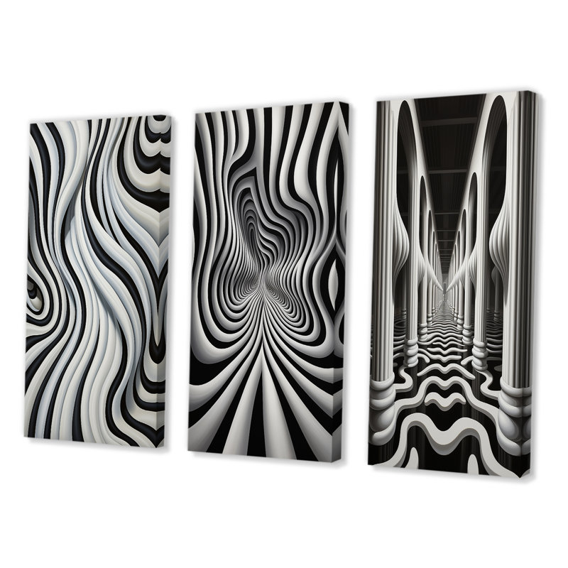 «Black White Optic Art Dream», 3 pièces, Toile tendue, H 40 po x l 60 po