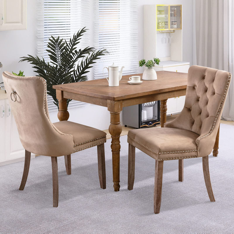 High-End Tufted Solid Wood Contemporary PU And Velvet Upholstered Dining Chair With Wood Legs Nailhead Trim  2-Pcs Set, Brown