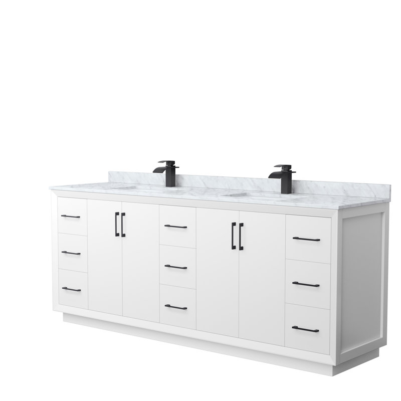 84'' Double Bathroom Vanity with Genuine Marble Top, Black, White