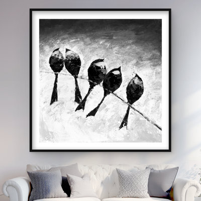 Five Birds Perched - Feathers Gray Framed Matted Print Decor