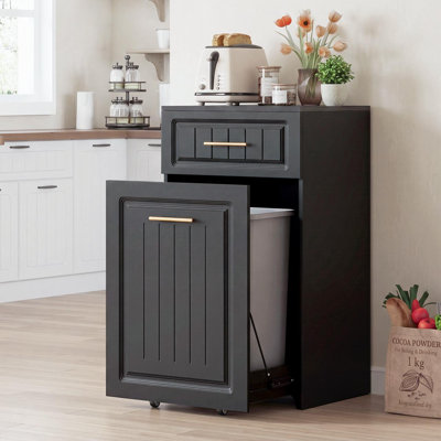 Pull Out Trash Can Cabinet for 13 Gallon Bin, Freestanding Kitchen Trash Bin Cabinet with Hideaway Drawer, Pet Proof Hidden Garbage Recycling Cabinet for Kitchen, Laundry, Living Room, BLACK