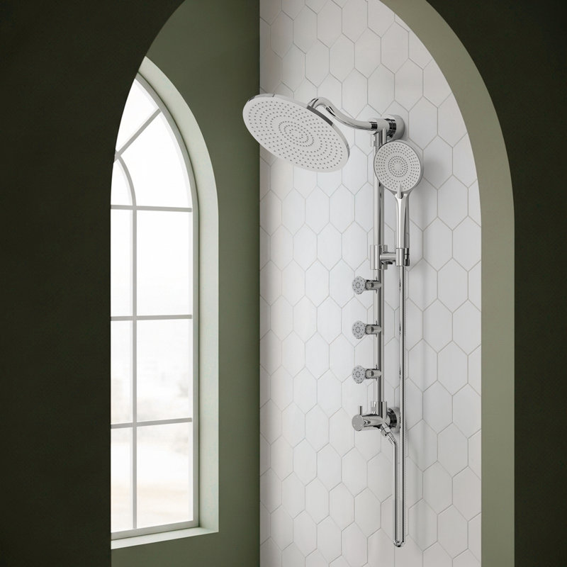 Système de douche mural à pluie, pomme de douche à pluie 10 po avec douchette à 3 fonctions, 3 jets de corps, barre coulissante réglable