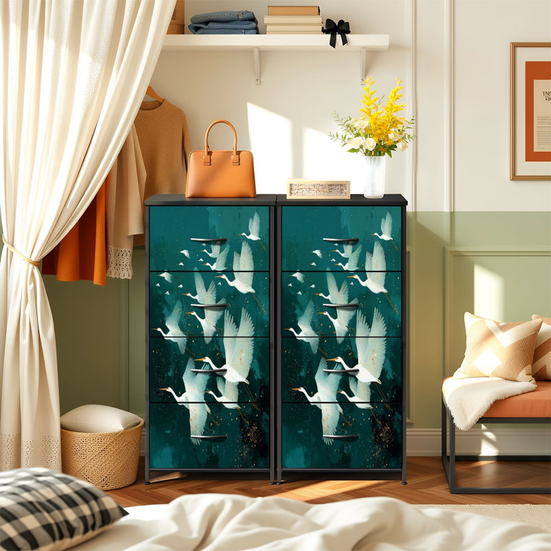 Commode pour chambre à coucher avec 4 tiroirs de rangement Élégantes grues blanches contre commodes turquoise Commode en tissu en acier pour vestibule