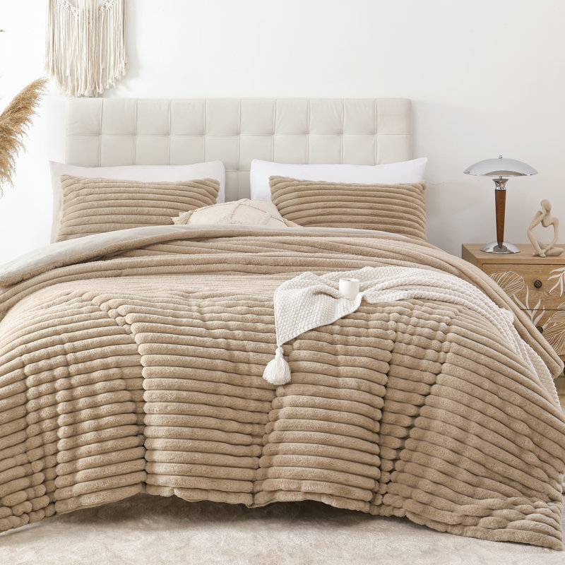 Fluffy Comforter Set 2 Pieces- All Seasons Heavy Faux Fur Comforter With One Pillowcase, Beige