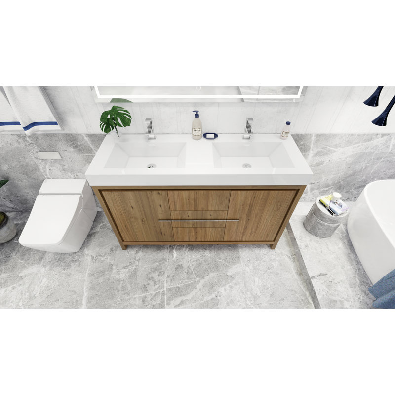 Ensemble de meuble-lavabo double 60 po Nubell, Chrome, Chêne naturel