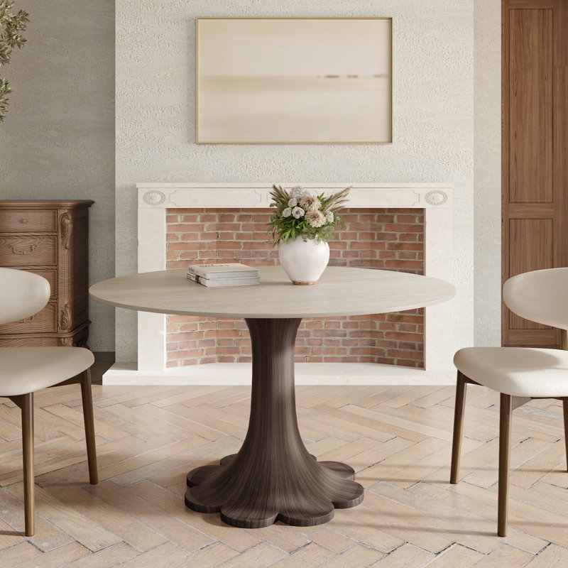 Breakfast Corner Nook Floral Shape Stone Dark Walnut Tone Dining Table Bistro Table For 2-4, 29.52"H x 39.37"L x 39.37" W