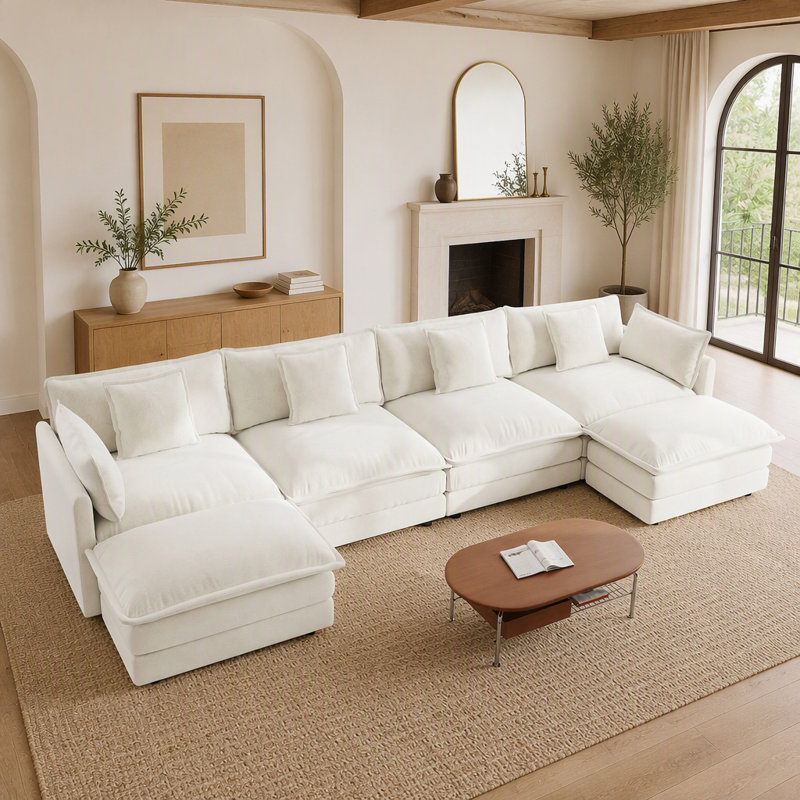 Canapé d'angle confortable en forme de U avec méridienne réversible, grand canapé d'angle modulaire en forme de U, deux poufs supplémentaires, chenille blanche