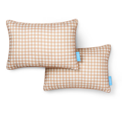 DRAPER JAMES Gingham Indoor Outdoor Decorative Lumbar Pillow 2-Pack Set, UV Fade Resistant, Water Resistant, Caramel/Tan, 14"x20"