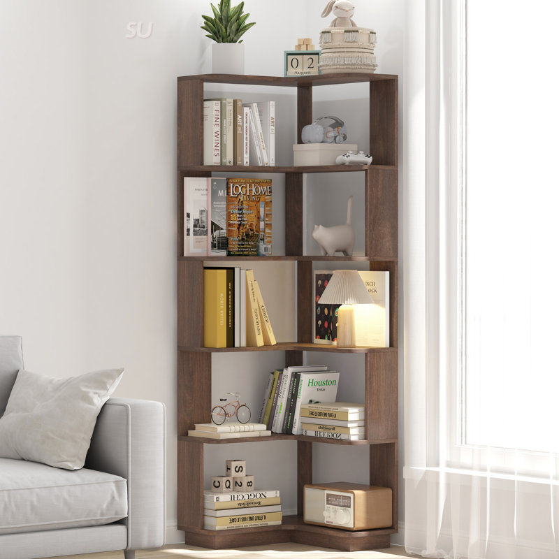 6 Tier Freestanding L-Shaped Corner Bookshelf, Wooden Display Shelf With Anti-Drop Panels And Anti-Tipping Device For Home Office
