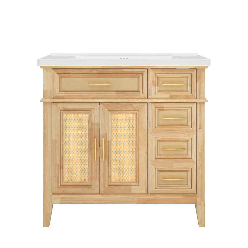 Meuble-lavabo autoportant 36 po avec lavabo en céramique, panneaux de porte en canne, finition en bois naturel, quincaillerie à fermeture en douceur et rangement inclinable