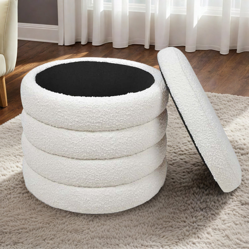 Neroli Upholstered Round Storage Ottoman, Merino Pearl Performance Tweed