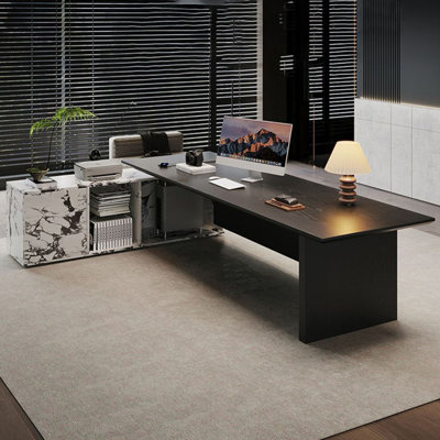 Bureau de direction noir en bois massif avec tiroirs en L