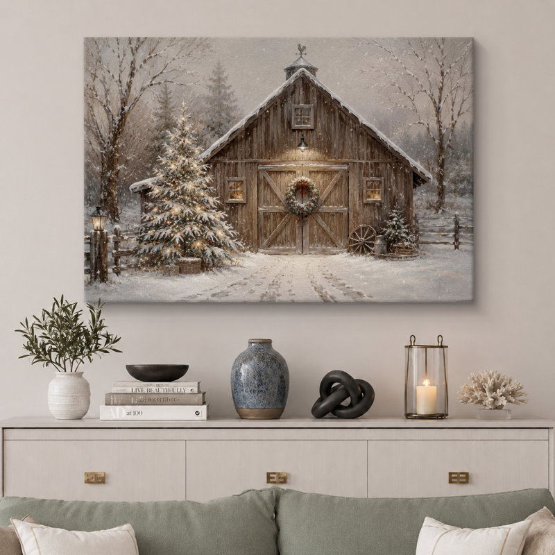 «Winter Snowy Barn Holiday», art du hall d'entrée, impression sur toile encadrée, H 24 po x l 36 po x P 1,5 po, Toile tendue