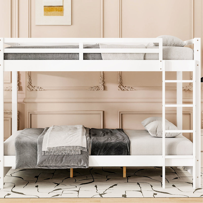Grand lit superposé blanc, pin et construction, sans sommier, processus d'assemblage facile