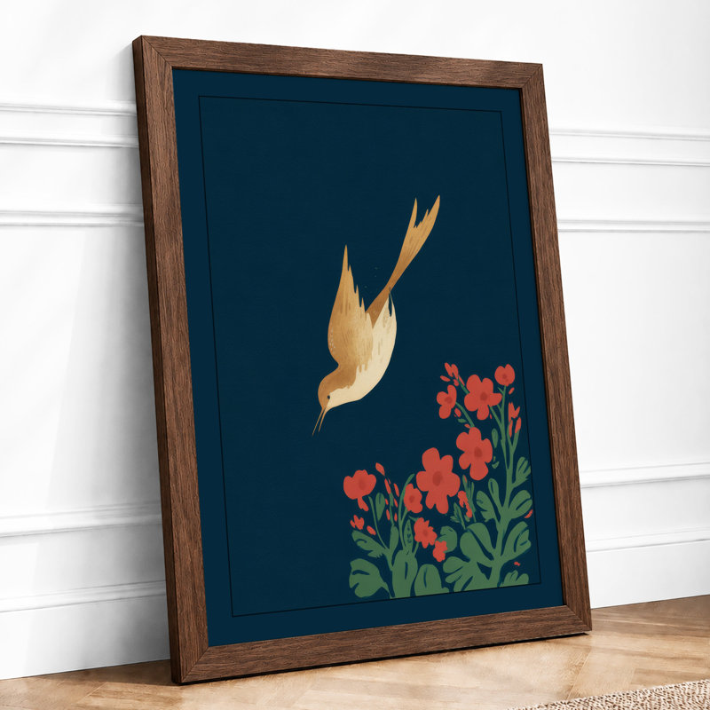 Golden Bird In Descent Botanical - Print, Walnut, A1 - 84.1 x 59.4 cm