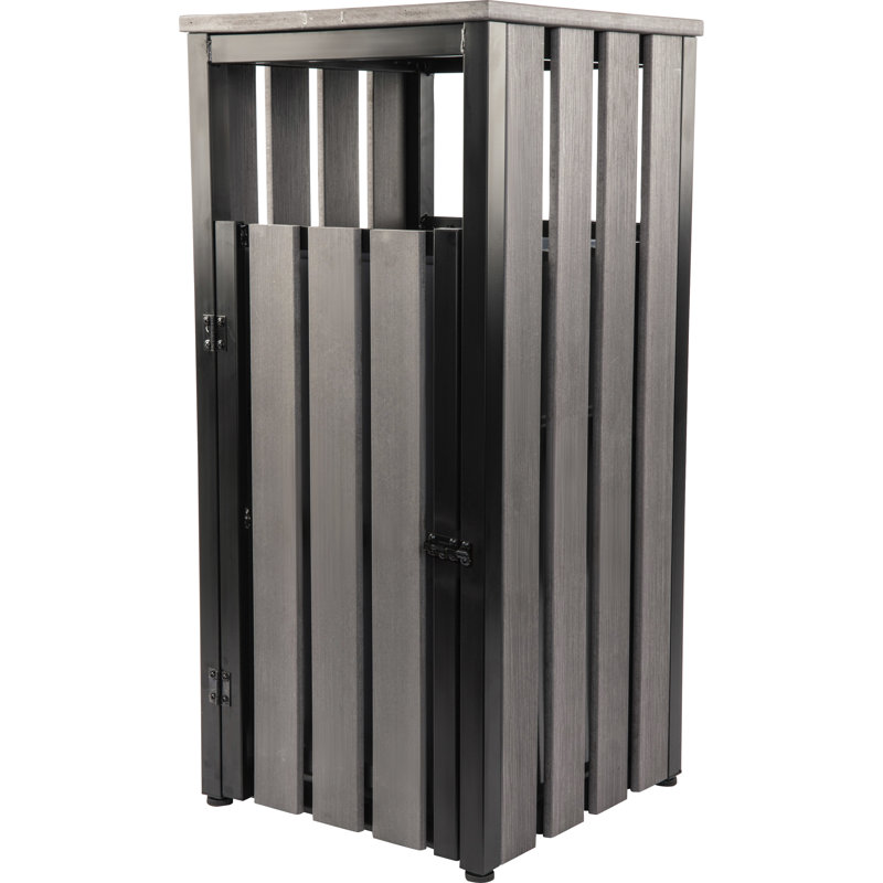 Charcoal Gray Wood and Metal Outdoor Waste Bin with Ashtray