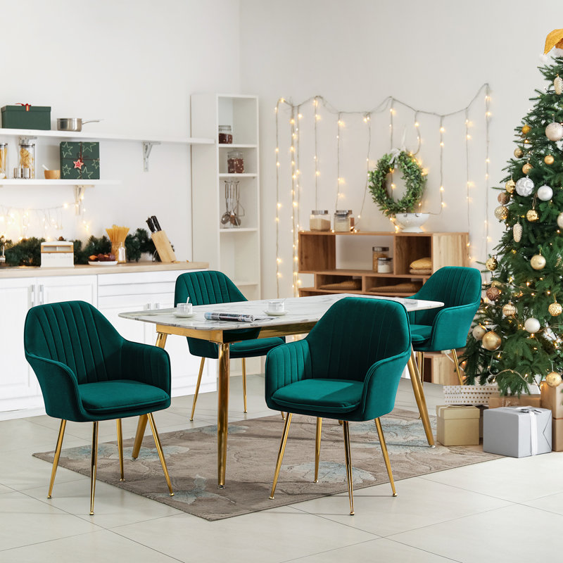 Green Velvet Upholstered Arm Chair with Gold Metal Legs, Set of 4