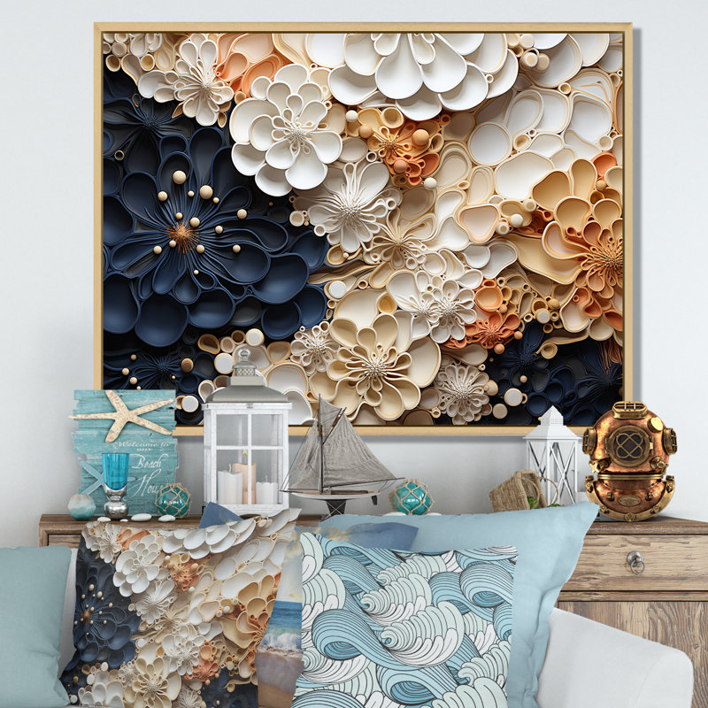 Collage de fleurs blanches et bleues corail II - impression, Cadre naturel flottant, H 24 po x l 32 po x P 1 po