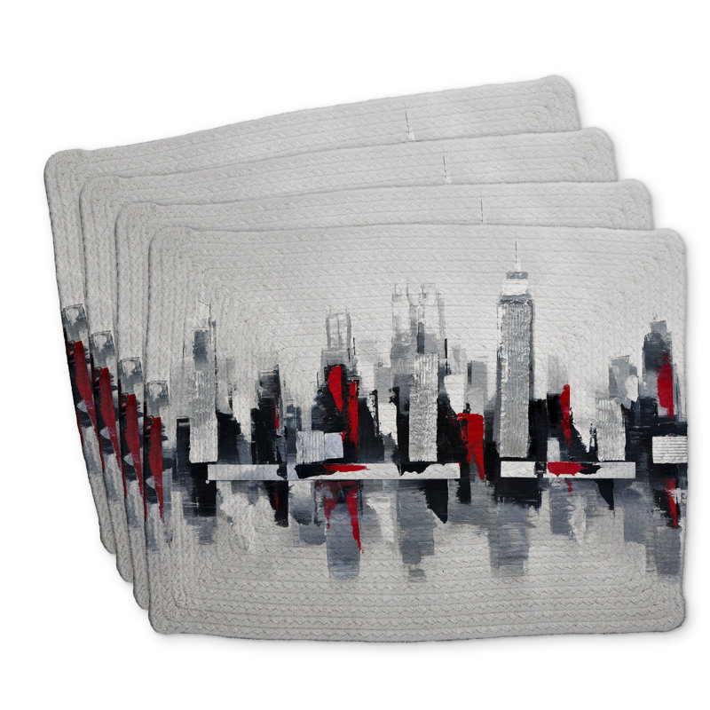Gray and Red Cityscape Braided Polyester Placemats - Set of 4