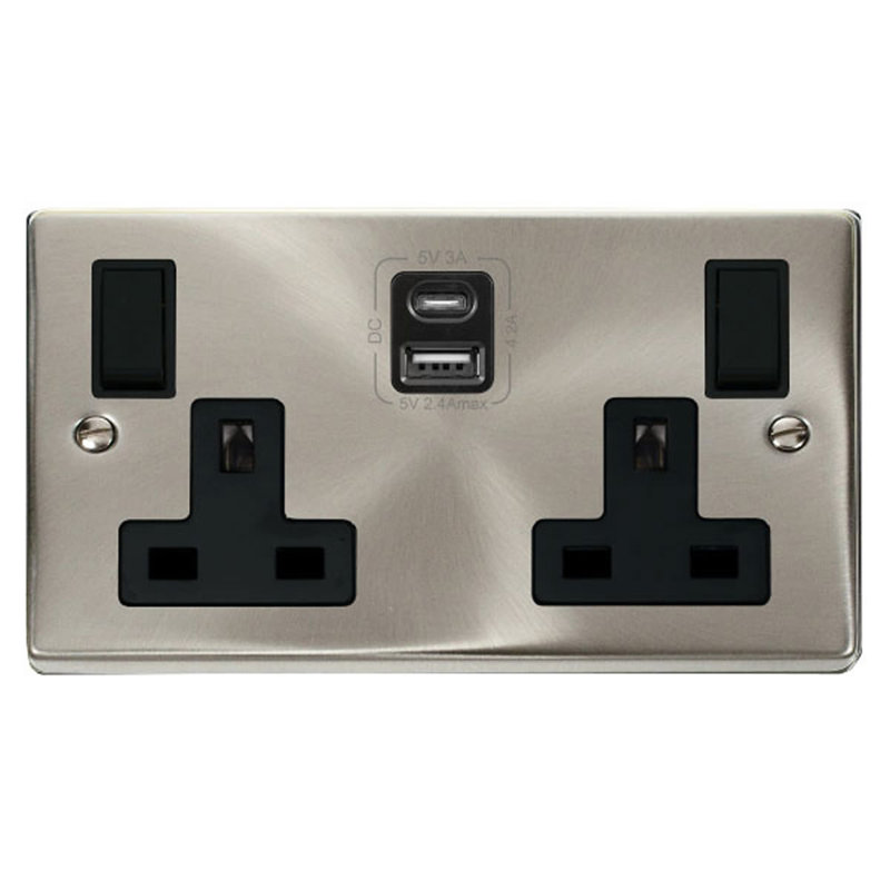 Satin / Brushed Chrome 2 Gang 13A Type A & C USB Twin Double Switched Plug Socket