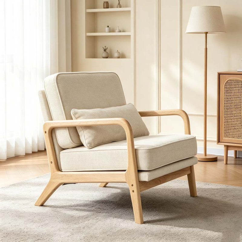 Méridienne moderne simple rembourrée avec accoudoirs courbés et coussin lombaire, Beige
