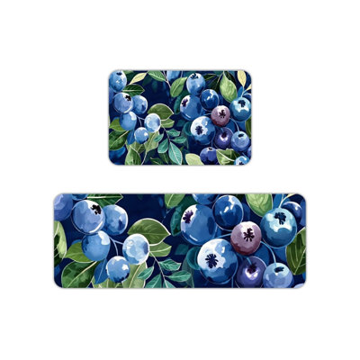 Watercolor Blueberry Kitchen Mats for Kitchen Bedroom, 2-Piece Set, Blue Green
