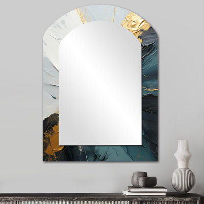 Or et vert abstrait cascade de marbre V - peinture abstraite grand miroir mural, miroir décoratif asymétrique doré, impression sur métal