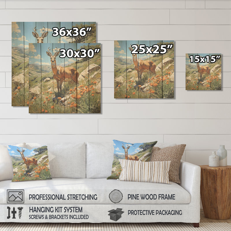 Antelope Gazing Meadow Blooms - Animals On Wood Print, 15" H x 15" W