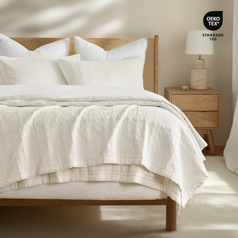 Stonewashed Crinkle Cotton Box Stitch Quilt Set, Ivory White, Queen Quilt + 2 Queen Shams