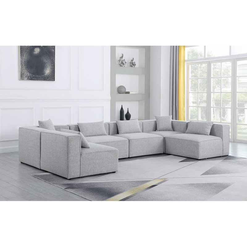 Olayemi Upholstered U-Shaped Sectional Reversible, Grey Linen Textured Fabric