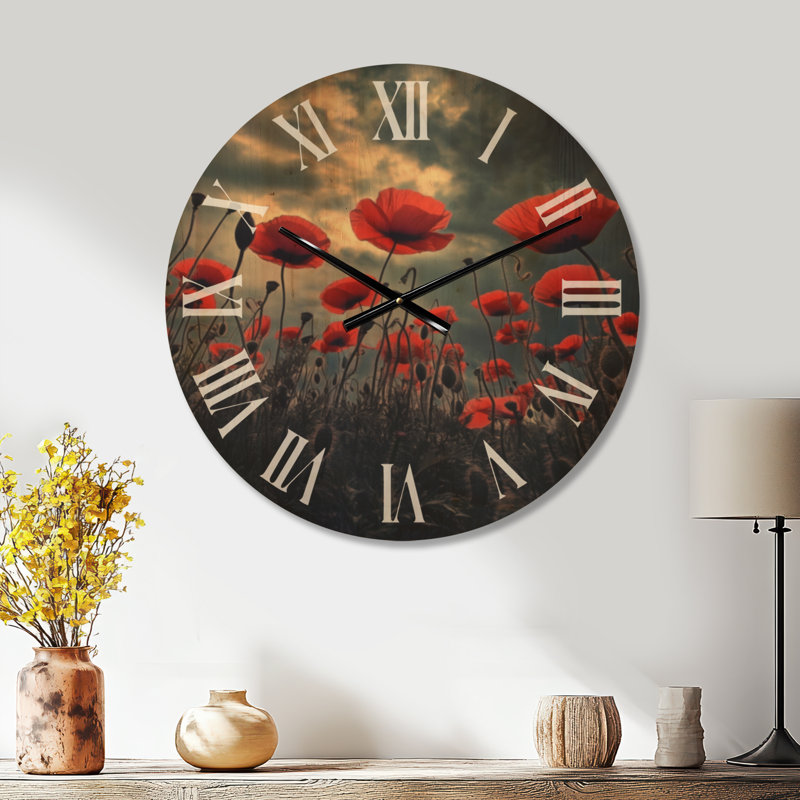 Horloge murale botanique surdimensionnée - Moody Crimson Field, imprimée sur bois, Grand