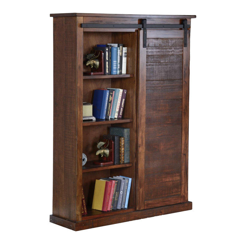 Bibliothèque Pocola, porte de grange coulissante avec 3 tablettes, brun foncé 66 po, Chocolat noir