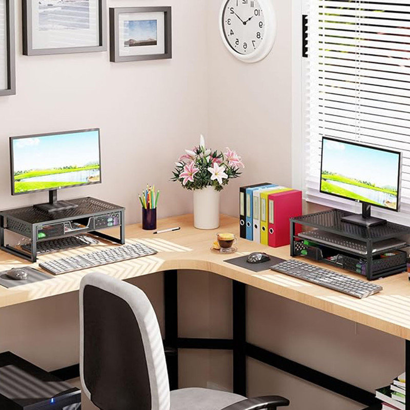 2 Tier Monitor stand, Metal Monitor Stand and Computer Desk Organizer with Drawer for Laptop, Black