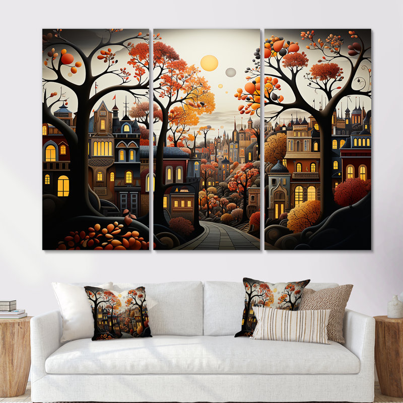 Cozy village in Autumn Moonlit I - Art mural art déco urbain, Toile tendue, H 40 po x l 61 po x P 1 po