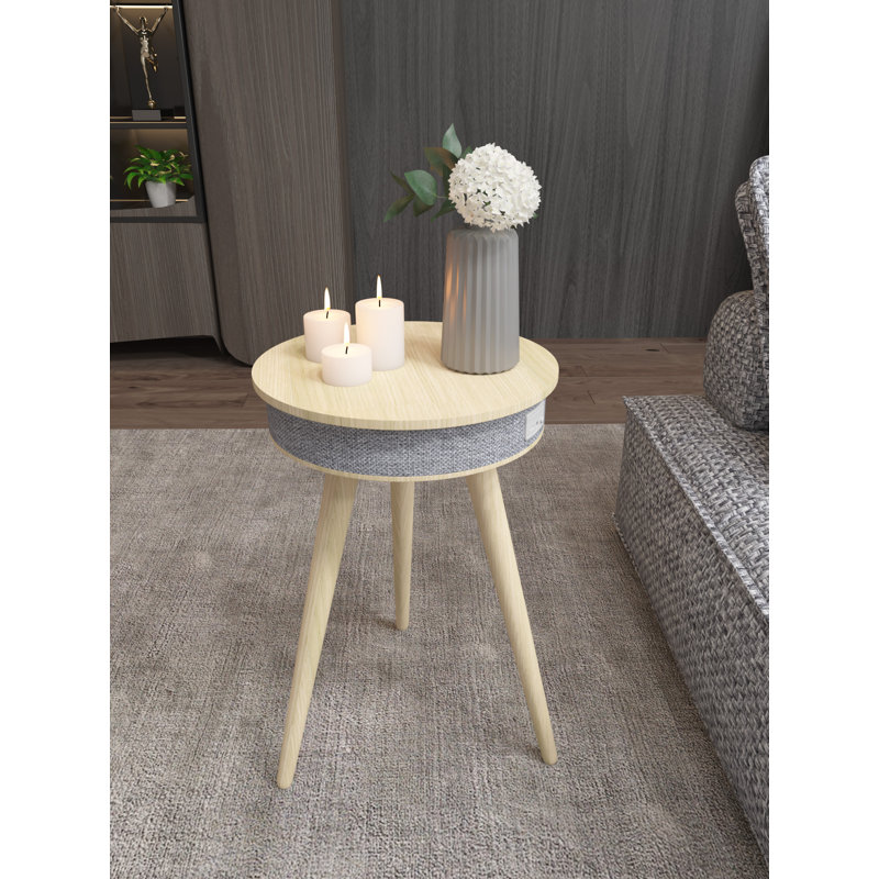 Joelina End Table with Wireless Charging and Bluetooth Speaker, Light Yellow Wood Top/Beige Base