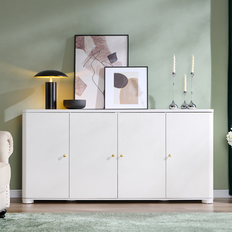 Buffet incurvé, grande armoire de rangement à buffet avec 4 portes et tablettes, table basse moderne en bois, Blanc