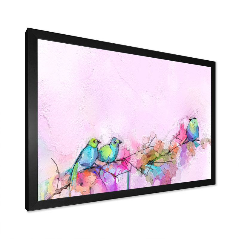 Pinceau rose et oiseaux mauves - reproduction sur toile avec cadre flottant, Cadre noir, H 24 po x l 36 po x P 1 po