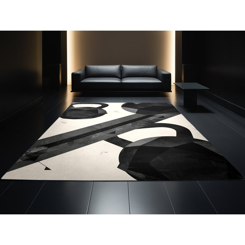 Machine Washable Aust Kettlebell Workout Modern & Contemporary Geometric Rug in Black – Black Binding, 8x12
