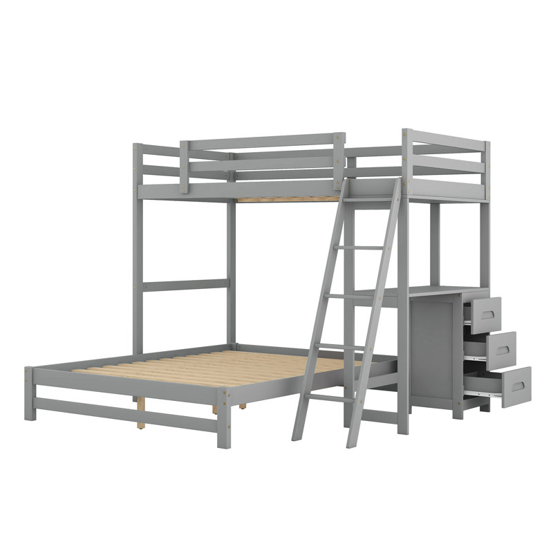 River Bunk Bed With Storage Drawers, Desk, And Shelves,  Solid Pine Wood And MDF, Gray, Twin Over Full