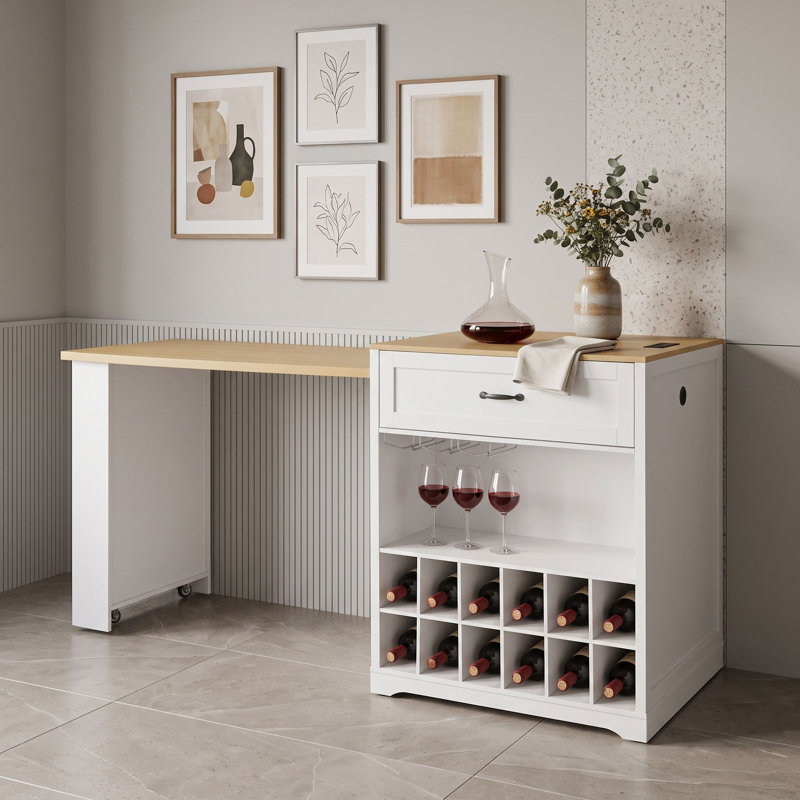 Table à hauteur de comptoir extensible avec prise de courant, rangement pour le vin et tiroirs, Blanc naturel